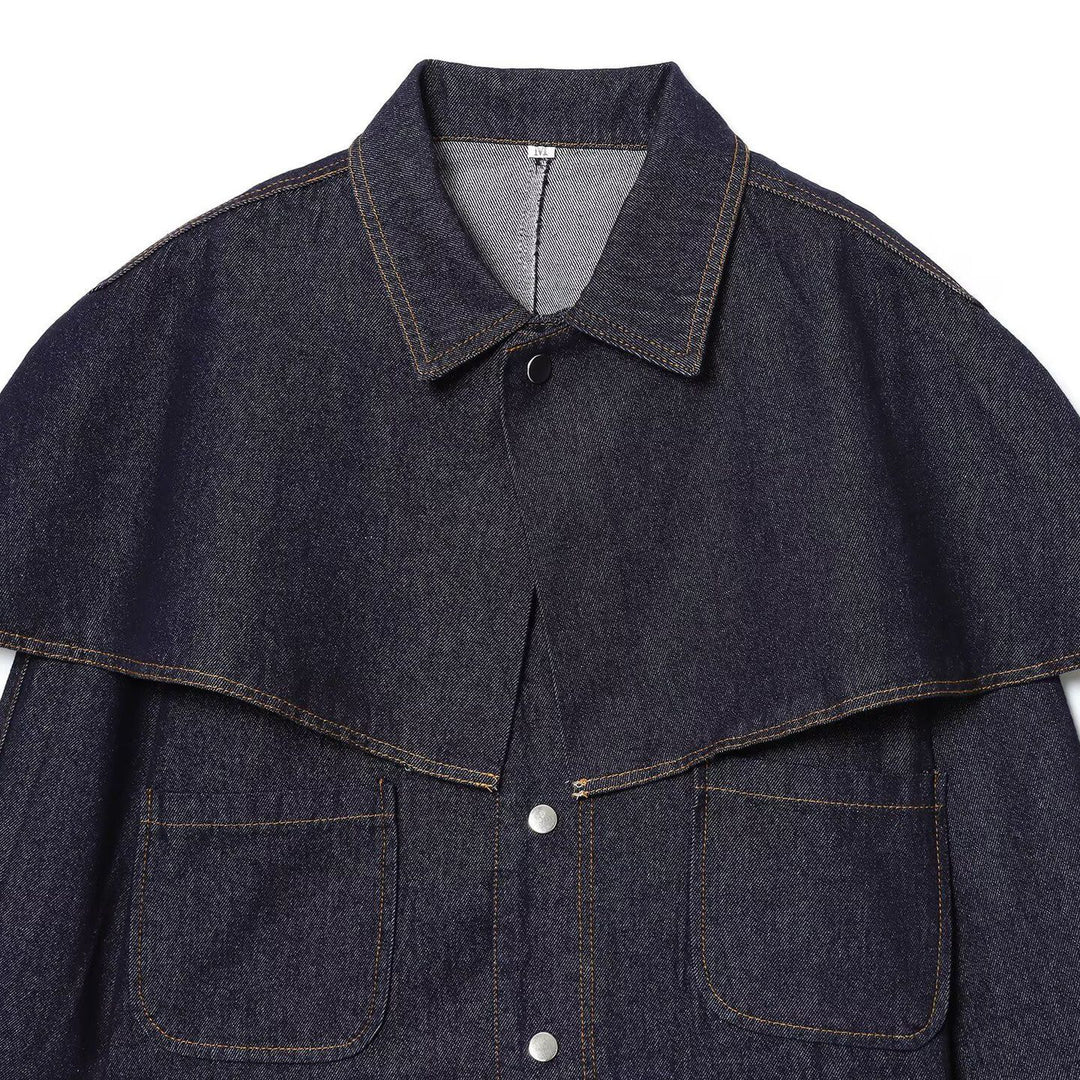 Women's cropped denim jacket with cape overlay, snap button closure and patch pockets Mune Fashion