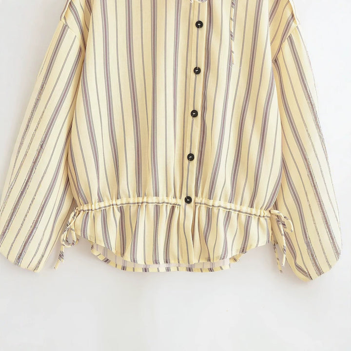 Women Striped Blouse Jacket with Ruffle Collar, Drawstring and Balloon Sleeves Drune