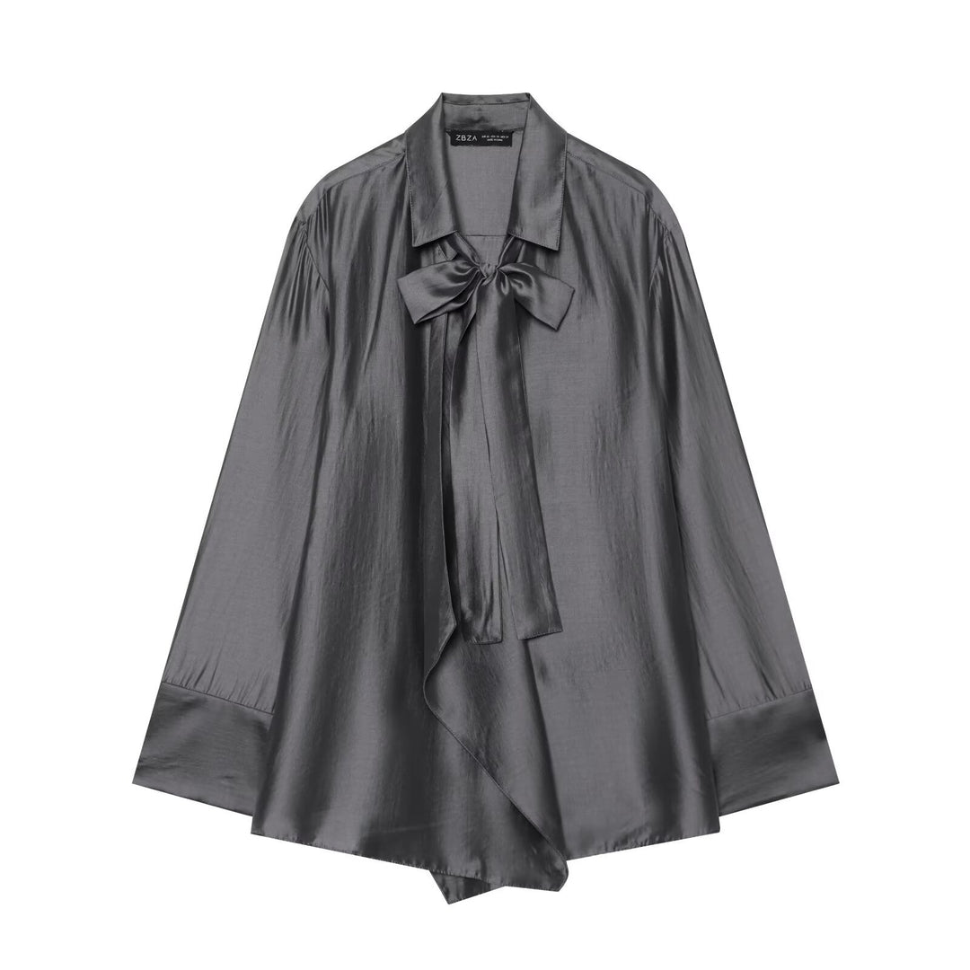 Women's Oversize Silk-Look Blouse with Slip Collar and Asymmetrical Hem