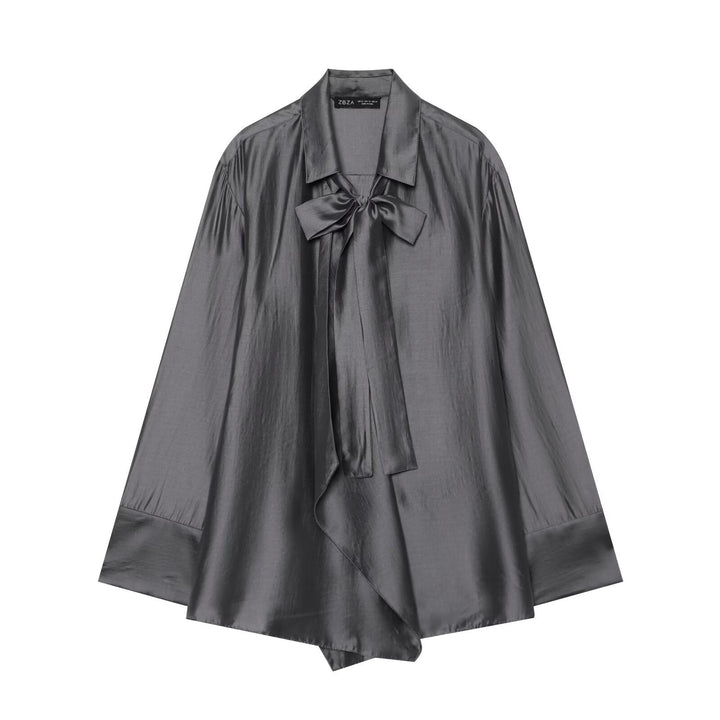 Women's Oversize Silk-Look Blouse with Slip Collar and Asymmetrical Hem