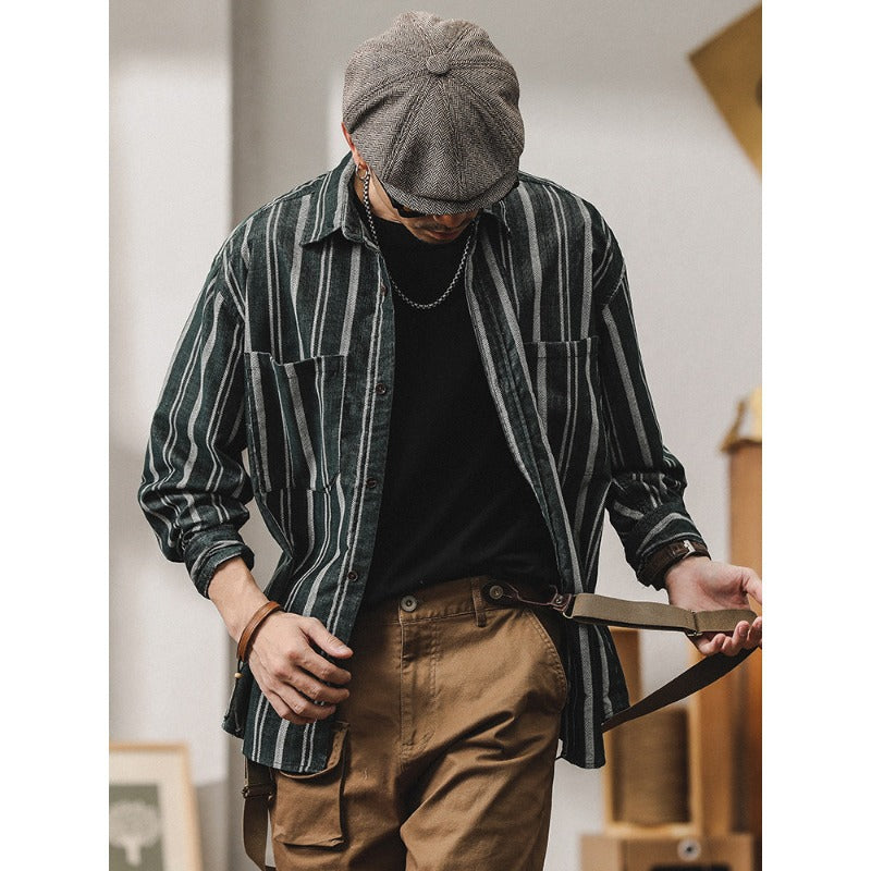 Men Striped Overshirt-Shirt made of Cotton-Linen with Chest Pockets Mune Fashion
