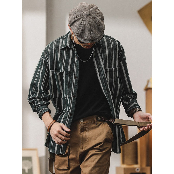 Men Striped Overshirt-Shirt made of Cotton-Linen with Chest Pockets Mune Fashion