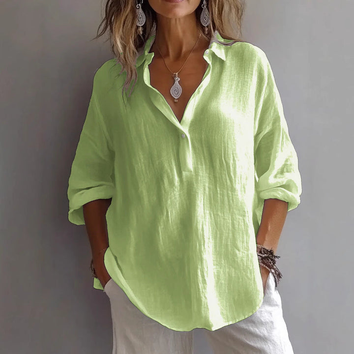 Women's Casual Linen Shirt with Button Placket and Wide Sleeves Mune Fashion