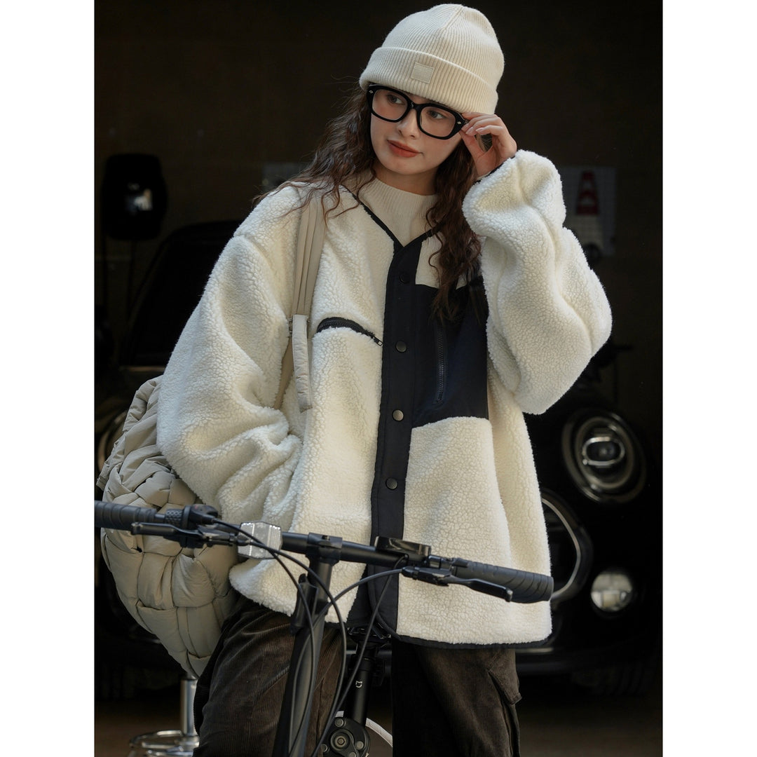 Women's Padded Teddy Fleece Jacket with Contrasting Front Panel and Patch Pockets Mune Fashion