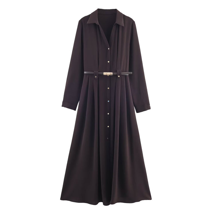 Women 10+ long shirt dress with continuous button placket and fitted belt Mune Fashion