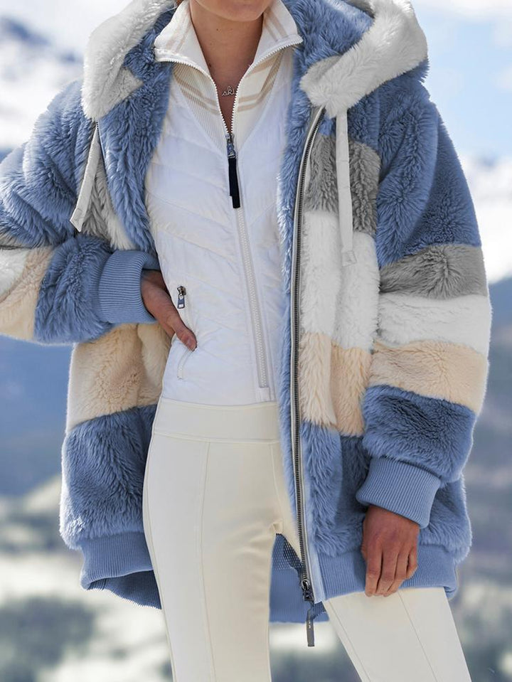 Women nan oversized faux fur jacket with hood, block stripe look and double zipper Mune Fashion