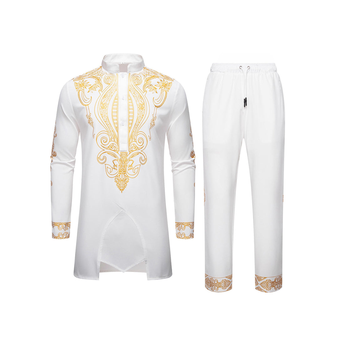 Men's Tunic Suit with Stand Collar and Ornamental Gold Application Mune Fashion