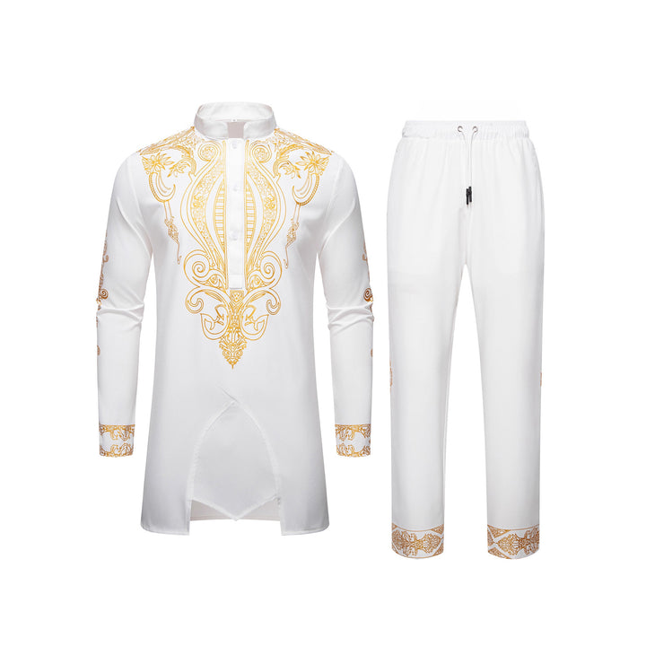 Men's Tunic Suit with Stand Collar and Ornamental Gold Application Mune Fashion