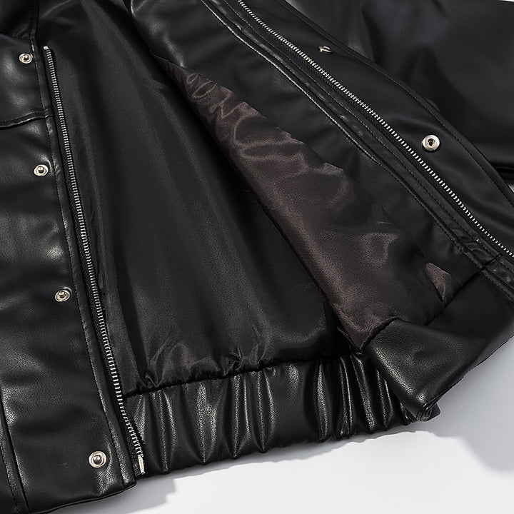 Women's Cropped Boxy Faux Leather Jacket with Stand Collar and Constructive Dart Seams Mune Fashion