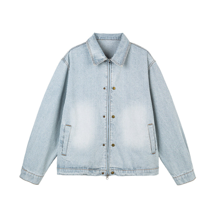 Women's Oversized Denim Jacket in Workwear Style with Fine Stripes and Two-Way Zipper Mune Fashion