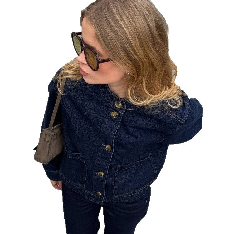 Women's Boxy Denim Jacket with Stand-up Collar, Patch Pockets and Roll-up Cuffs Mune Fashion