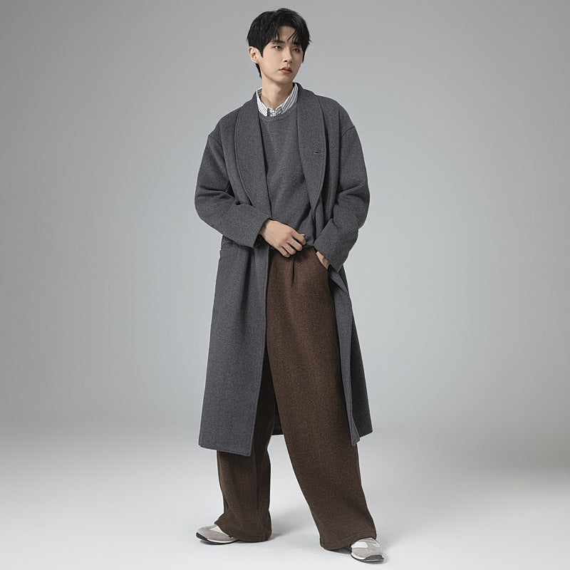 Men's maxi-length wool blend overcoat in oversized fit with wide shawl collar and decorative belt Mune Fashion