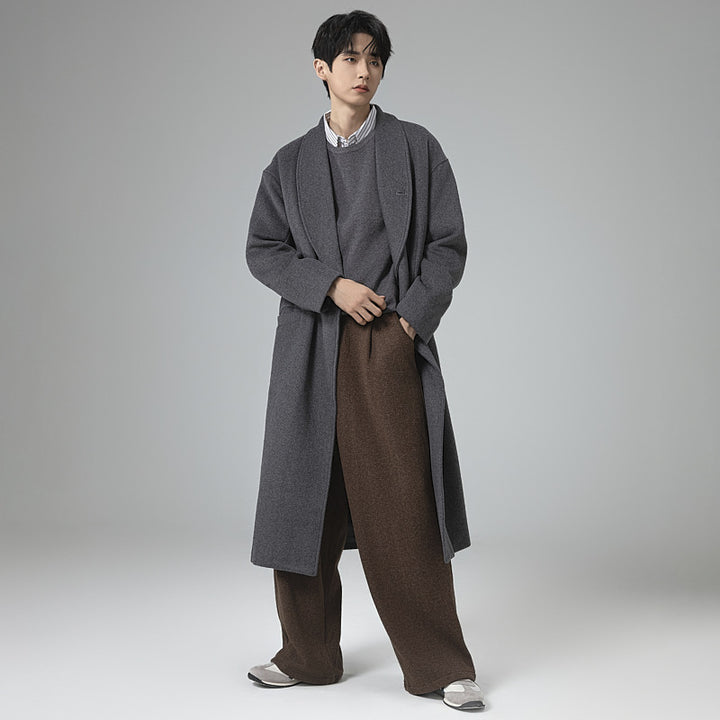 Men's maxi-length wool blend overcoat in oversized fit with wide shawl collar and decorative belt Mune Fashion