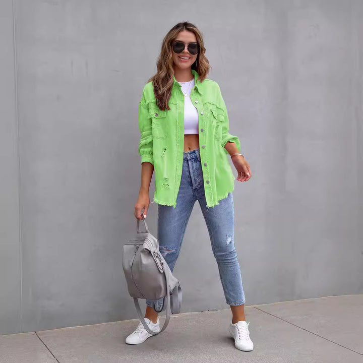 Women's oversized denim shirt jacket with frayed hem and distressed details Mune Fashion