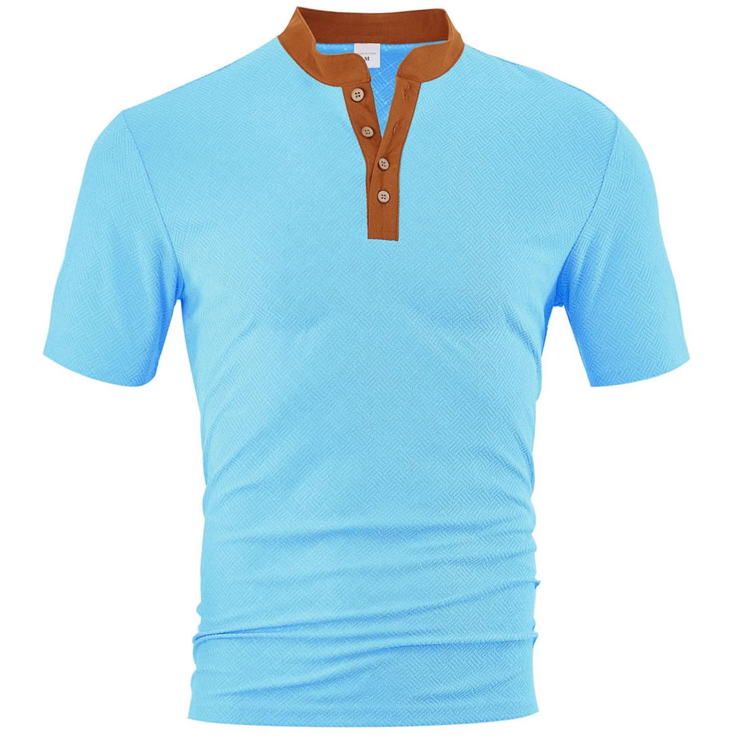 Men's slim short sleeve Henley polo shirt with Mandarin collar and fine jacquard texture Mune Fashion
