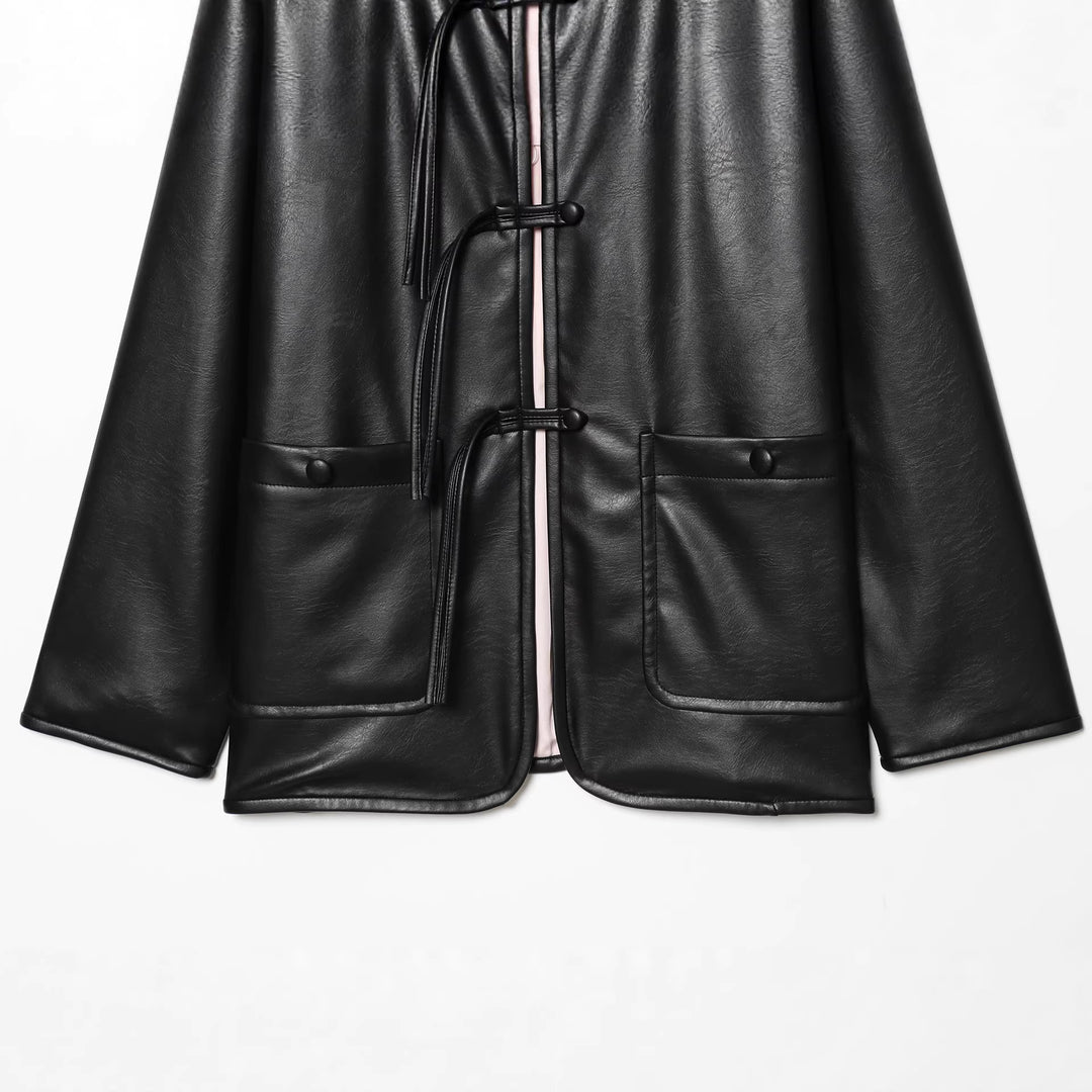 Women's Oversized Faux Leather Jacket with Toggle Closures and Applied Flap Pockets Mune Fashion