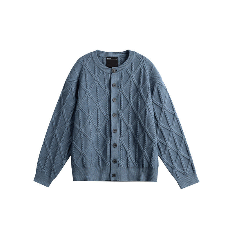 Ladies' knitted cardigan in boxy cut with textured diamond pattern, round neck and continuous button placket Mune Fashion