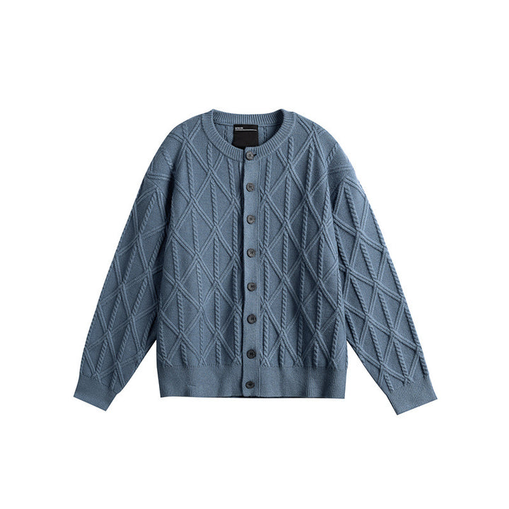 Ladies' knitted cardigan in boxy cut with textured diamond pattern, round neck and continuous button placket Mune Fashion