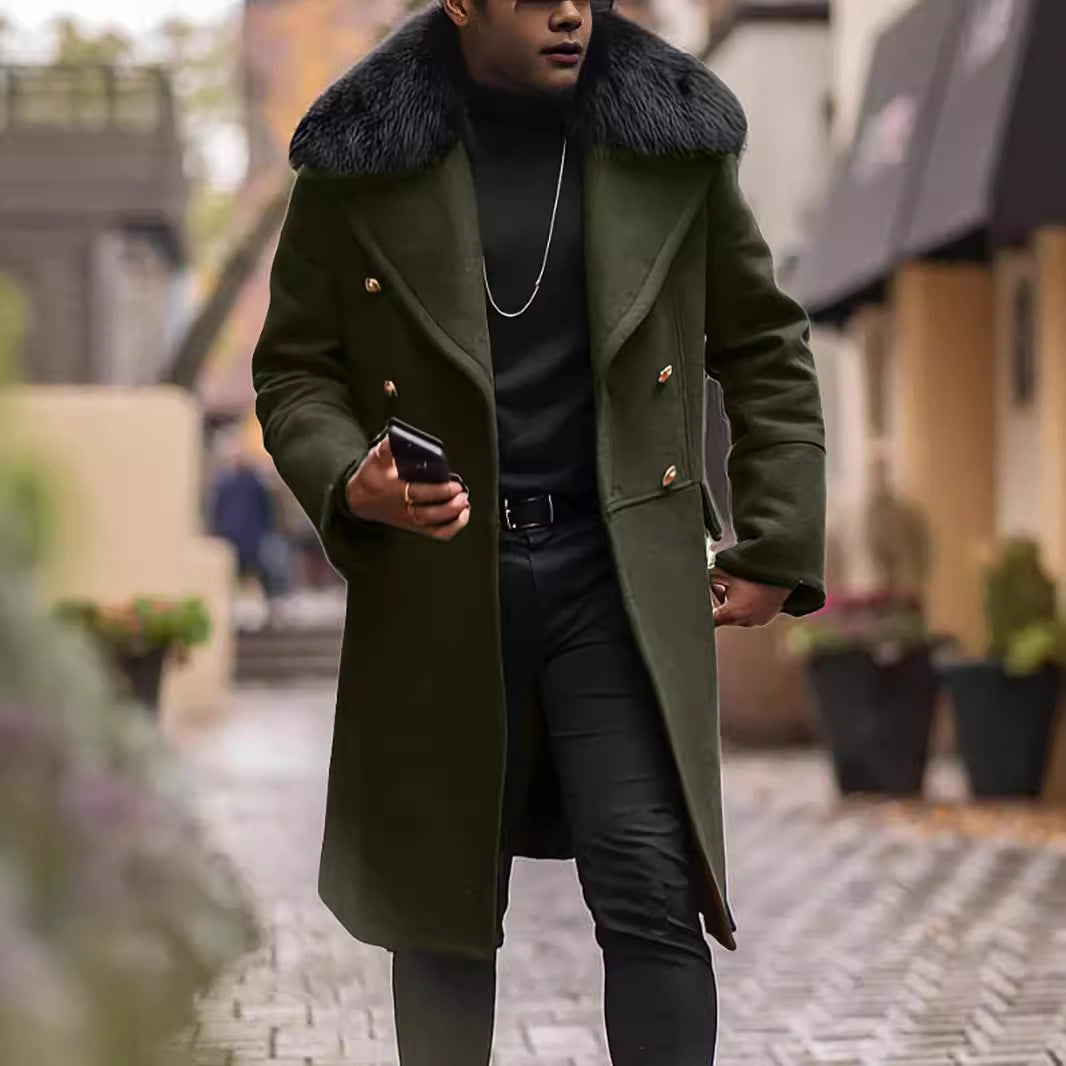 Men's Double-Breasted Wool Coat with Large Faux Fur Collar Mune Fashion