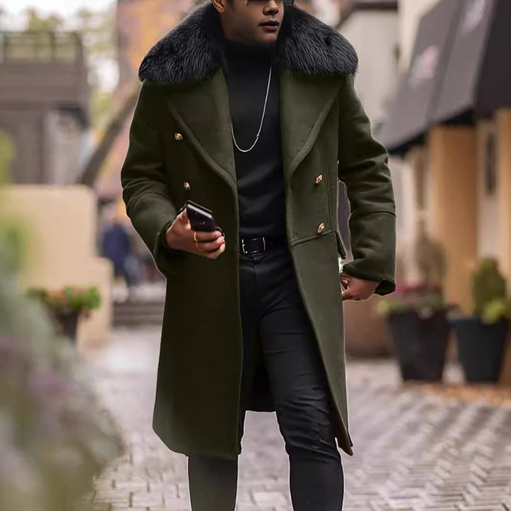 Men's Double-Breasted Wool Coat with Large Faux Fur Collar Mune Fashion