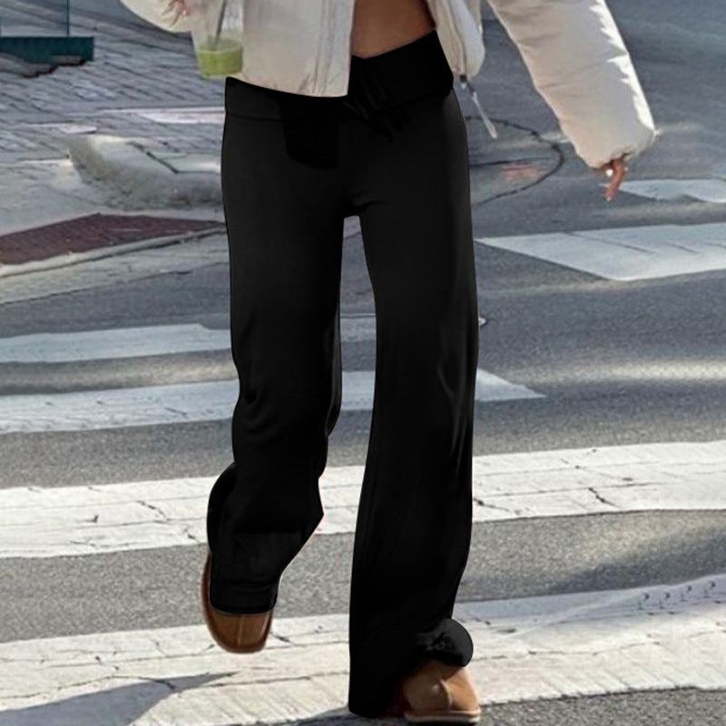 Women's soft high-waist lounge pants made of cotton blend with elastic comfort waistband, drawstring, and straight leg Mune Fashion