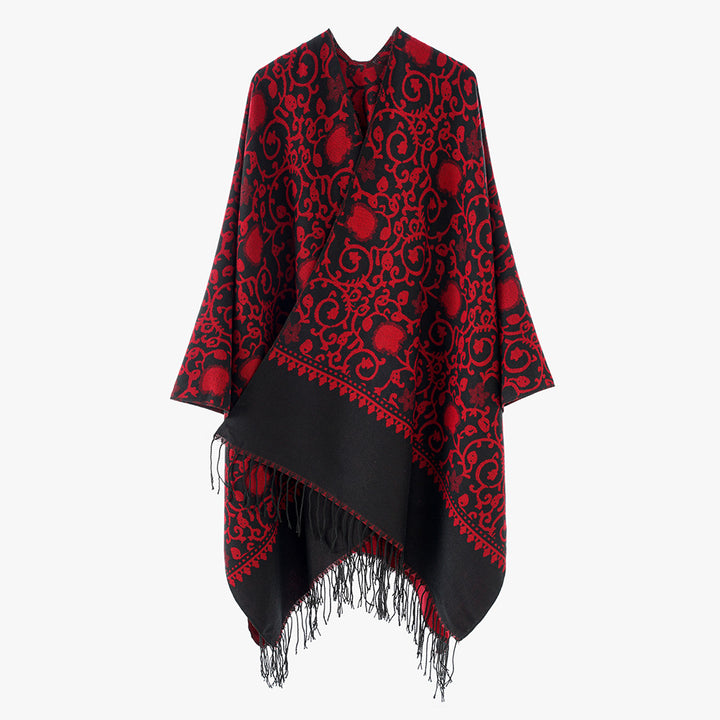 Women's Jacquard Ruana with ornamental border pattern and fringe hem Mune Fashion