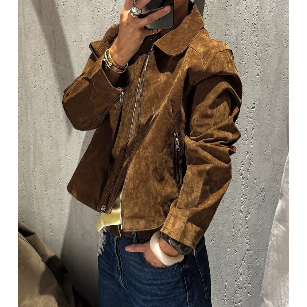 Ladies Cropped Suede Jacket with Shirt Collar, Zipper and Zip Pockets Mune Fashion