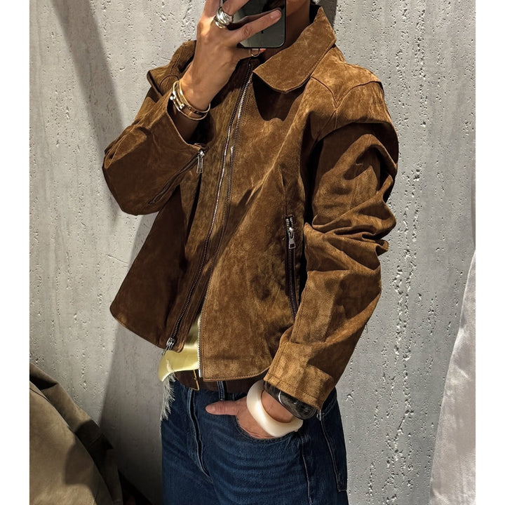 Ladies Cropped Suede Jacket with Shirt Collar, Zipper and Zip Pockets Mune Fashion