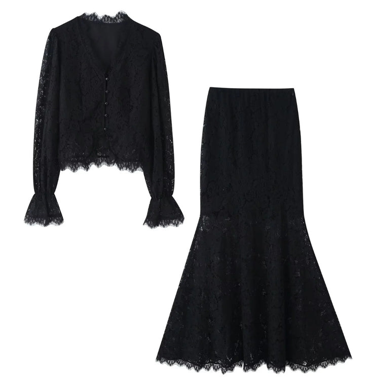 Women's 20+ two-piece lace set: fitted blouse with frill sleeves and flared mermaid midi skirt Mune Fashion