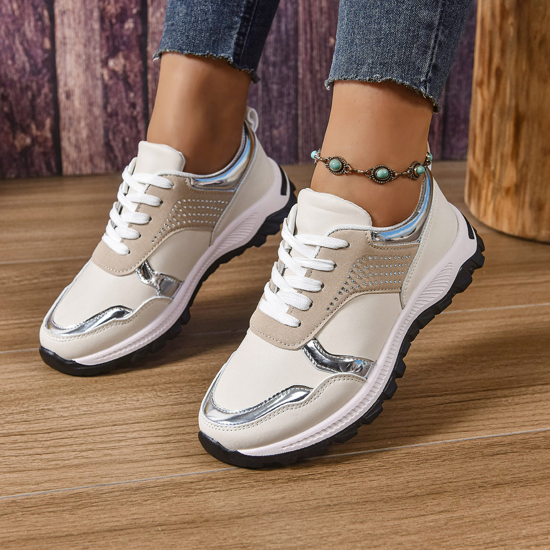 Women's trendy city chunky sneakers with metallic accents, decorative studs, and cushioning lightweight sole Mune Fashion