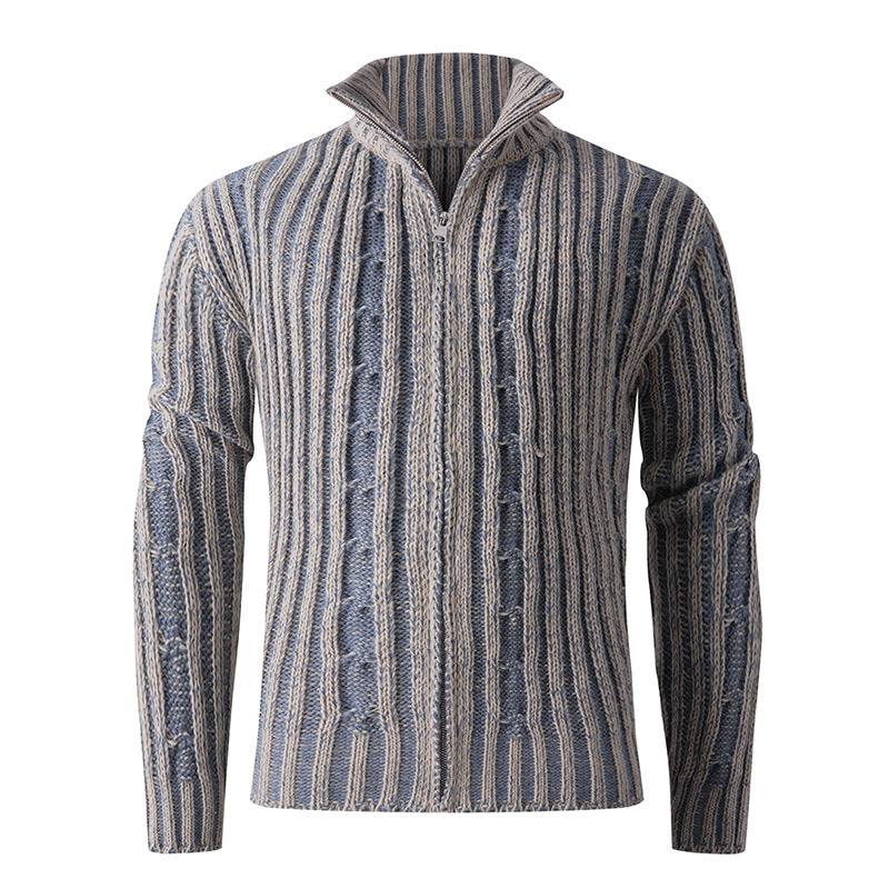Men's knit cardigan with cable pattern, stand-up collar and full-length zipper Mune Fashion