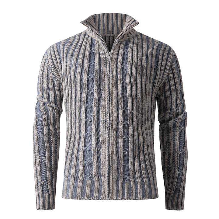 Men's knit cardigan with cable pattern, stand-up collar and full-length zipper Mune Fashion