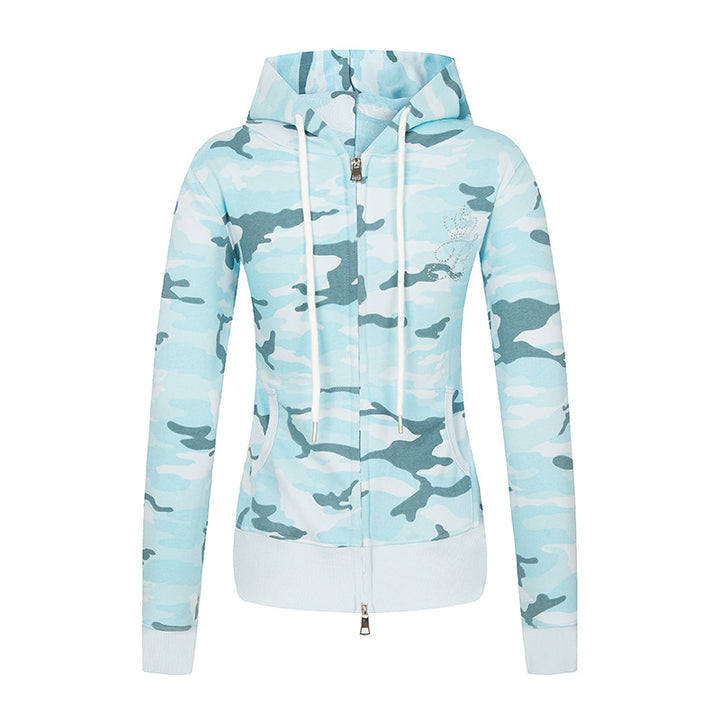 Women's hoodie sweatshirt jacket with two-way zipper, camouflage print and rhinestone butterfly Mune Fashion