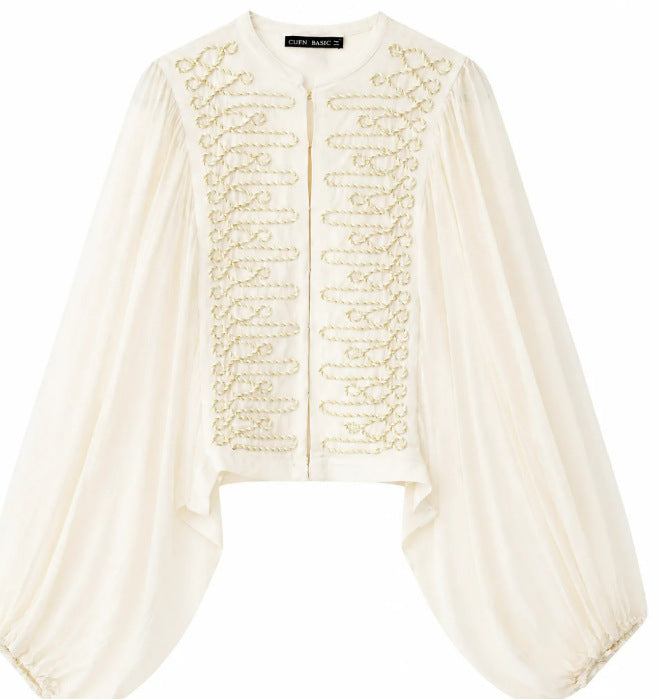Ladies short blouse in folklore military style with voluminous bishop sleeves Mune Fashion