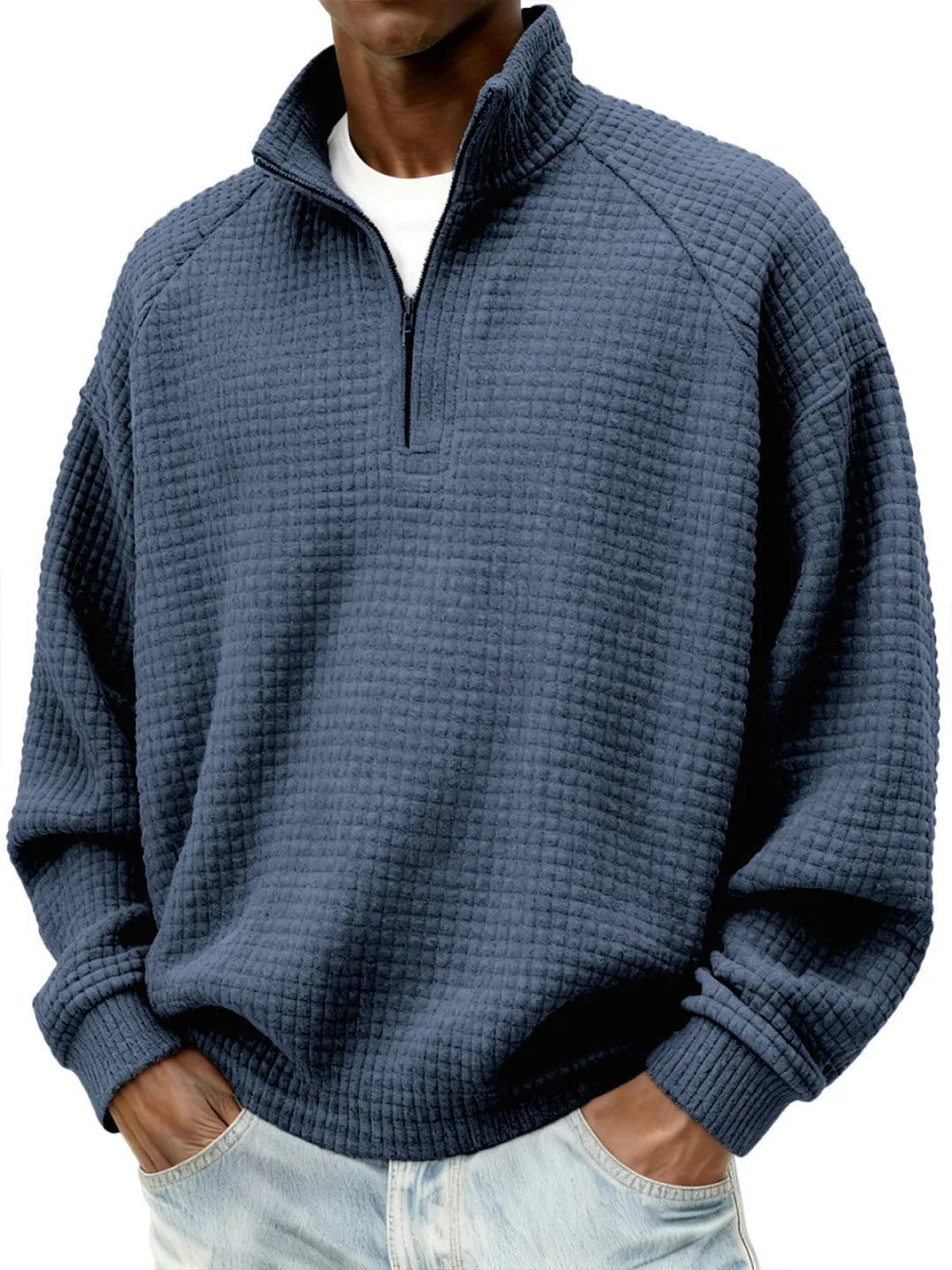 Men's Waffle Knit Oversized Sweater with Half-Zip and Stand-Up Collar Mune Fashion