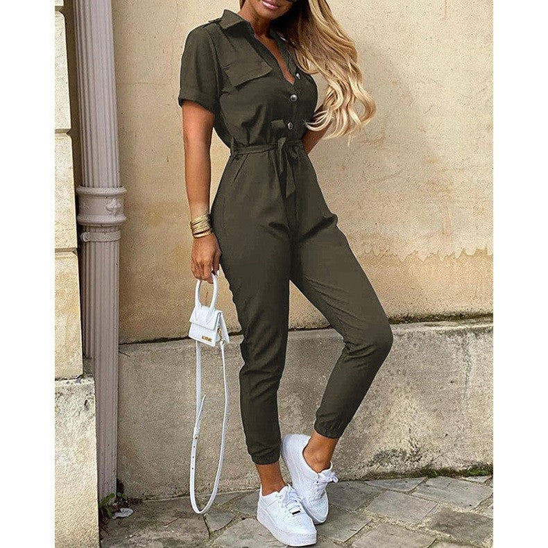 Women Short Sleeve Utility Overall with Waist Tie Belt and Slim Jogger Legs Mune Fashion