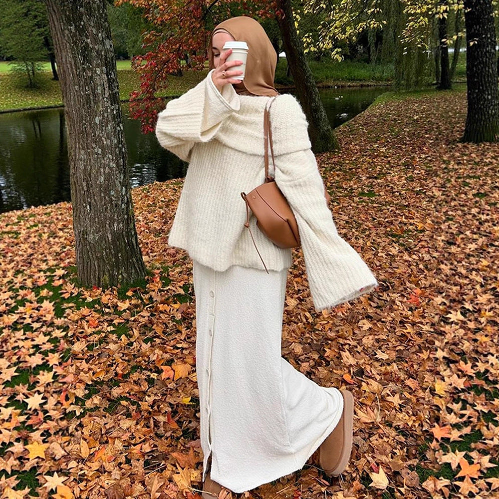 Women's Oversize Off-Shoulder Ribbed Knit Sweater with Wide Bell Sleeves Mune Fashion
