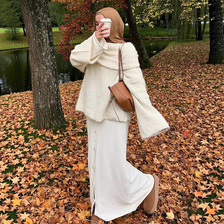 Women's Oversize Off-Shoulder Ribbed Knit Sweater with Wide Bell Sleeves Mune Fashion