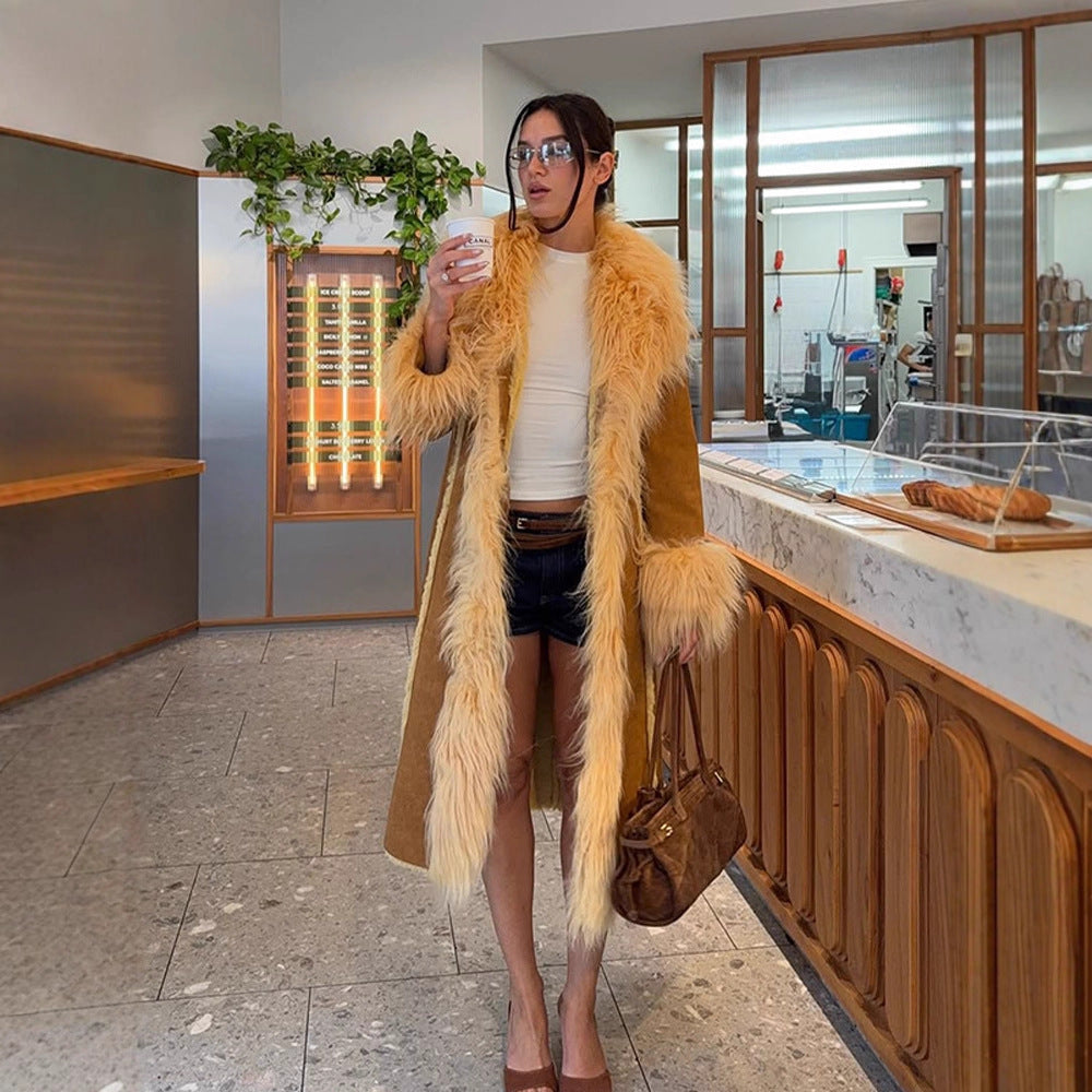 Women Long Shearling Imitation Coat with Voluminous Shawl Collar and Plush Cuffs Mune Fashion