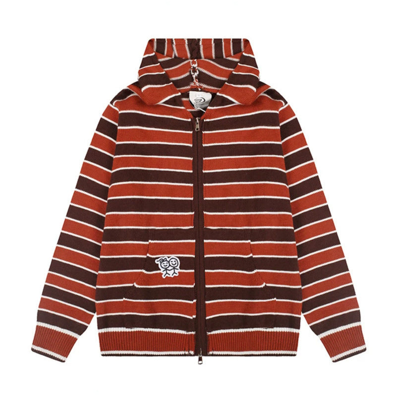 Women's hooded cardigan with full zip, striped texture, and Mune Fashion embroidery detail