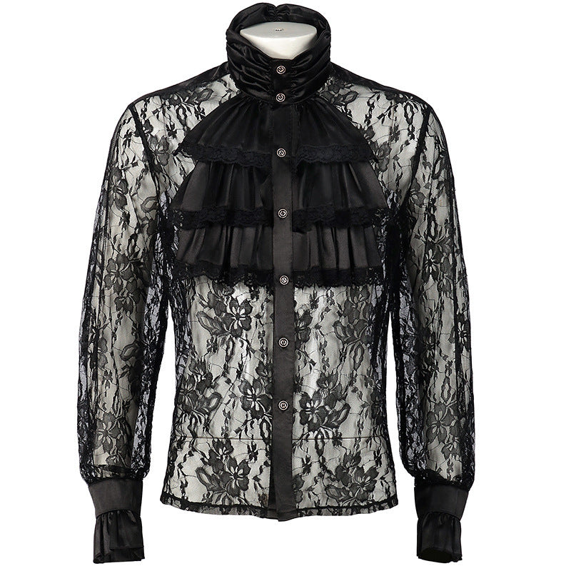 Ladies' romantic Victorian ruffled blouse with stand collar and lace cuffs Mune Fashion
