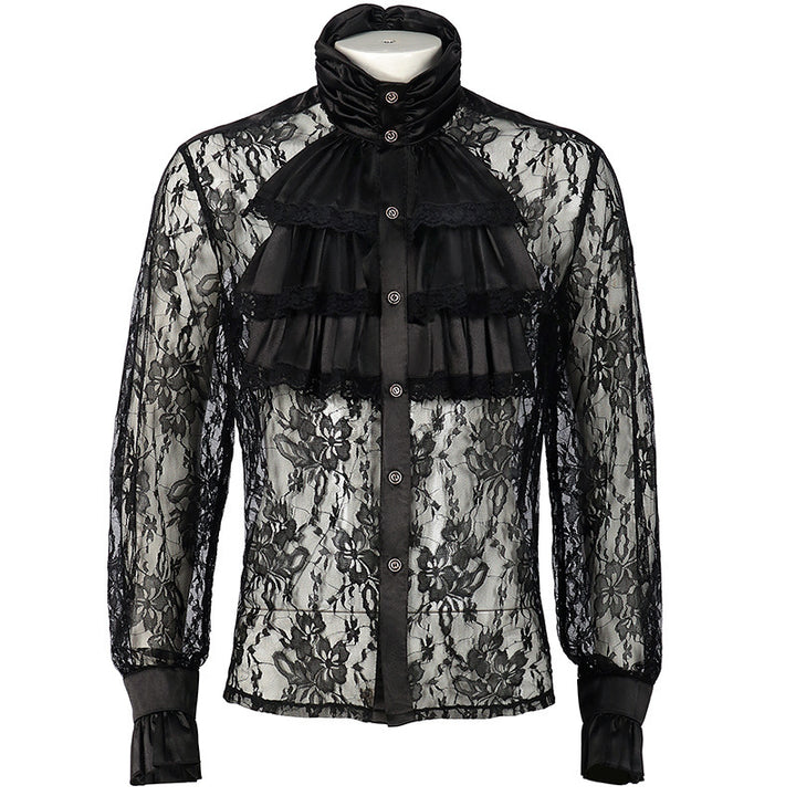 Ladies' romantic Victorian ruffled blouse with stand collar and lace cuffs Mune Fashion