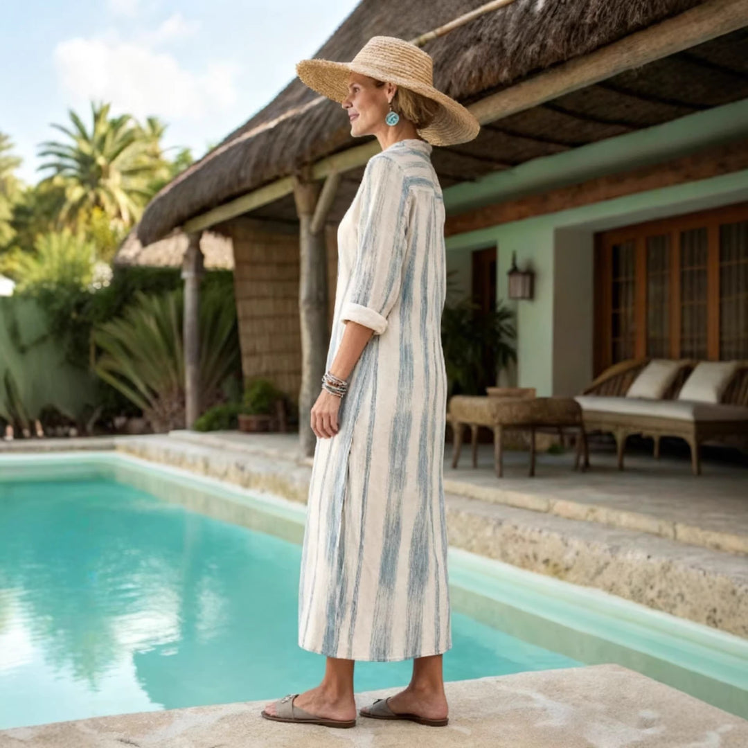Women's Striped Shirt Dress in Linen Look with Continuous Button Placket Mune Fashion