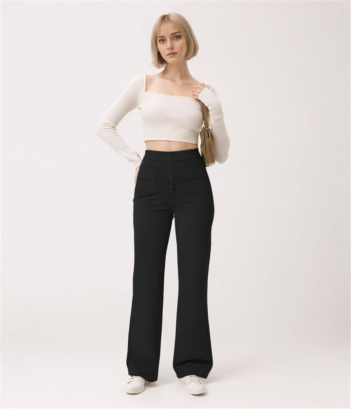 Women's waist-defining flared pants made of stretch jersey with decorative button placket Mune Fashion