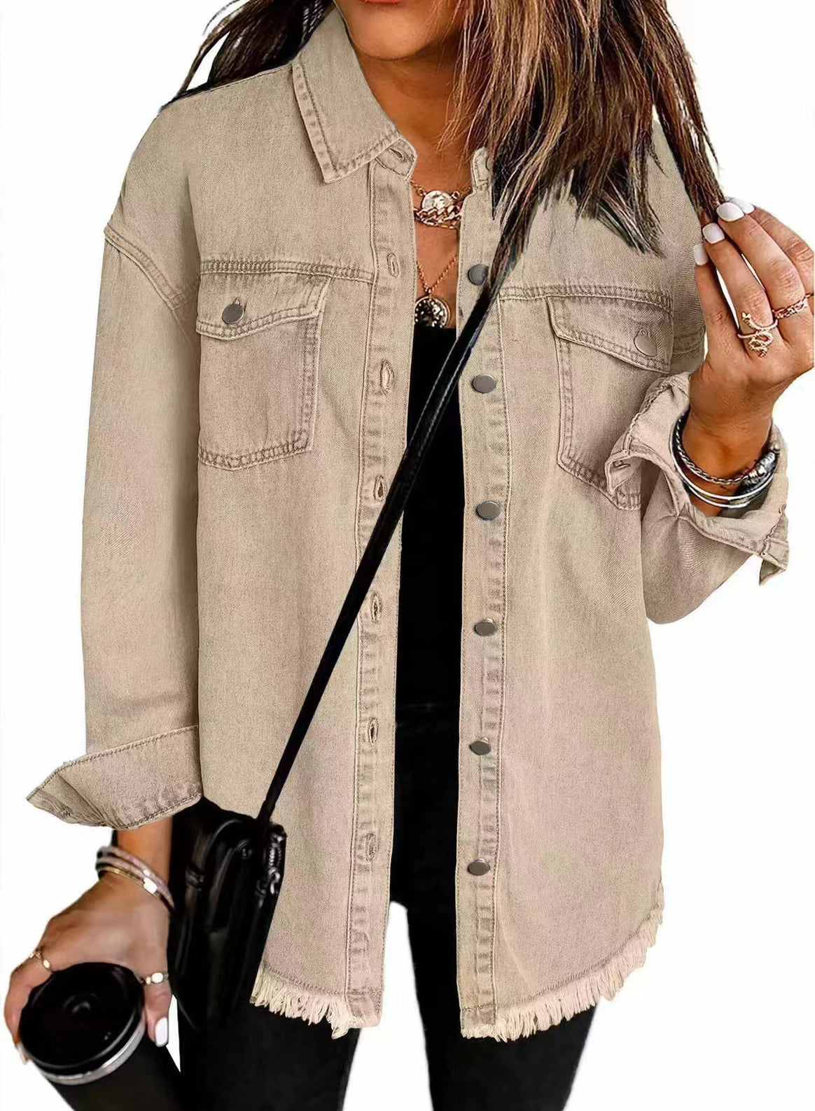 Women's Oversized Denim Shirt Jacket with Fringe Hem Mune Fashion