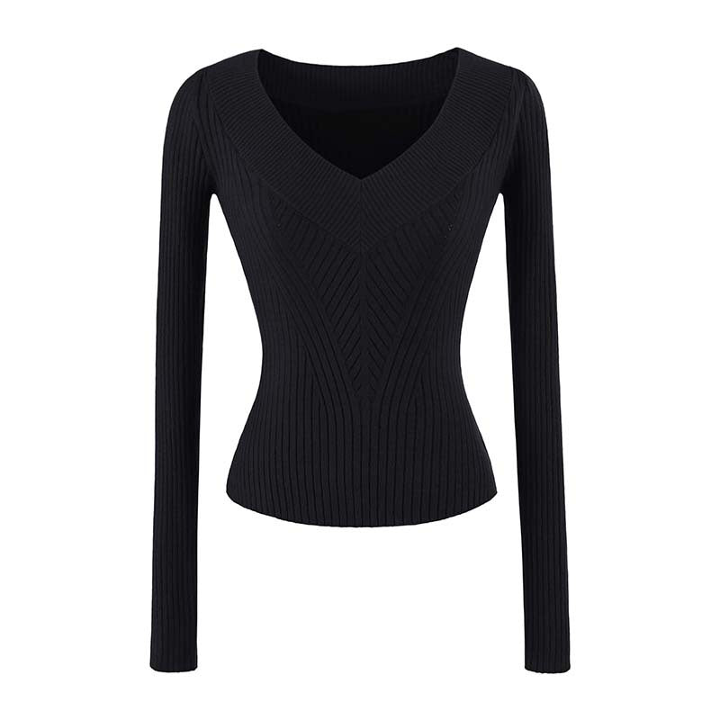 Women's Tailored Ribbed Knit Sweater with V-Neck and Shaping Structure Mune Fashion