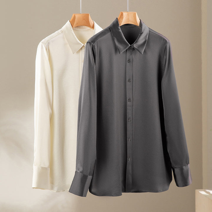 Women's Silk Look Blouse with Shirt Collar, Concealed Button Placket and Extended Cuff Detail Mune Fashion