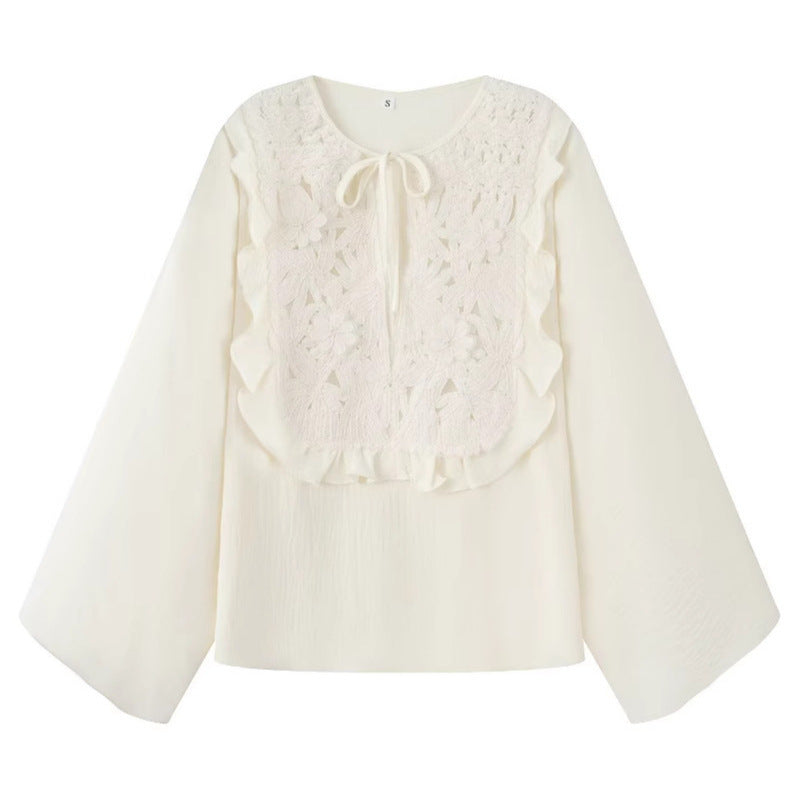Ladies Embroidered Ruffle Blouse with Wide Trumpet Sleeves and Ties Collar Mune Fashion