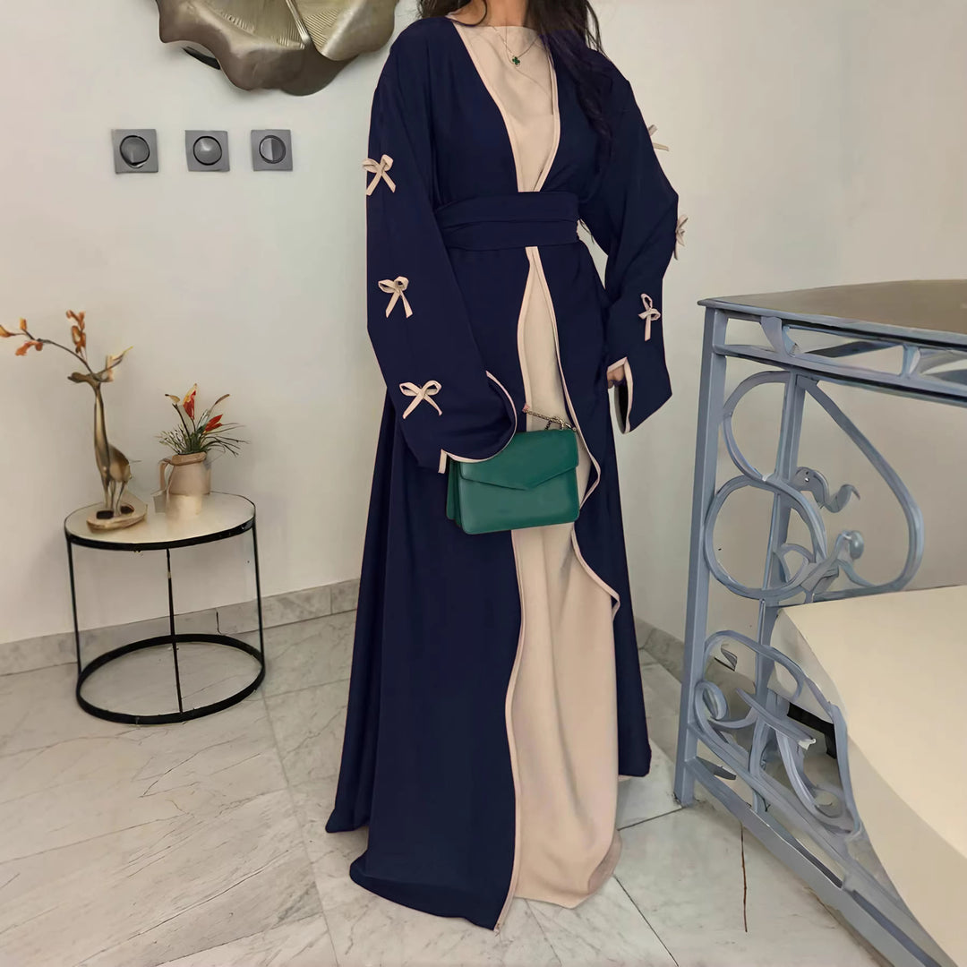 Women's elegant Abaya-Kaftan with wide trumpet sleeves, contrasting yoke and wrap belt Mune Fashion