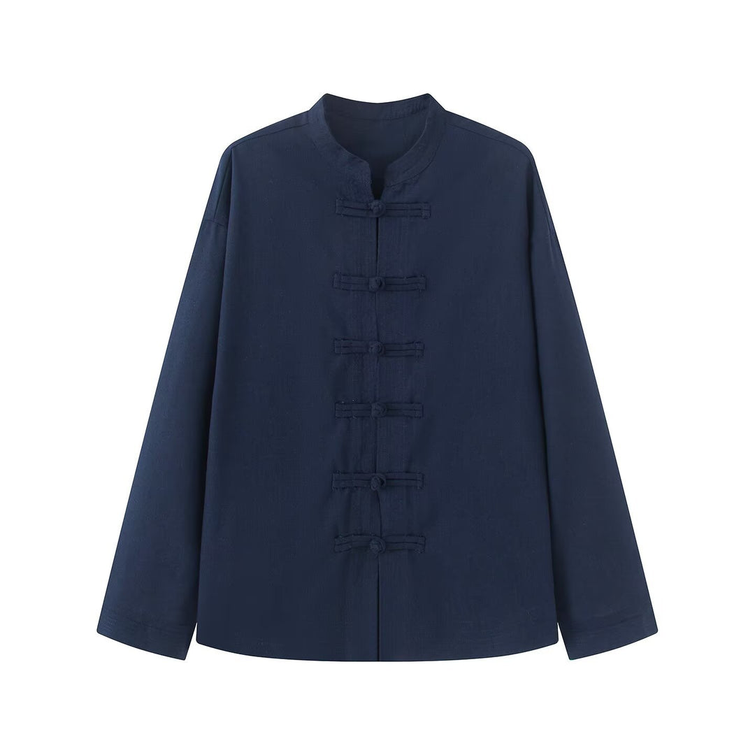 Ladies Loose Linen Mix Blouson with Stand Collar and Knot Closures Drune